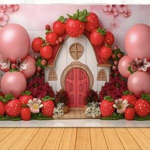 Strawberry Themed Party Backdrop Photo Background 7ft Pink And Red